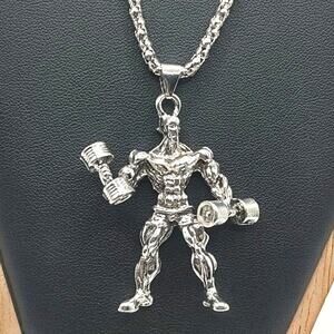 Stainless Bodybuilder Necklace Fitness Dumbbell Gym Bro Weightlifter Fashion NEW